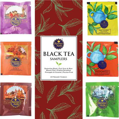 Karma Kettle 100% Natural Black Tea Sampler Box, 3 tea bags each 6 different Flavour, 18 Pyramid tea bags Mixed Fruit, Pineapple, Apple, Spices Black Tea Box