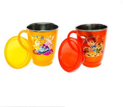 ABHYAASA PACK of 2 STEEL PLASTIC WITH TULIP Kids Coffee, Tea, Milks Stainless Steel 300 ML ORANGE YELLOW Stainless Steel Tumbler