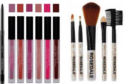 ROSEDALE Beauty Smudge Proof Long Lasting HDA14 Makeup Kajal & Long Lasting Beauty Set of 6 Liquid Matte Lipsticks With Long Lasting Makeup Beauty 5in1 Makeup Brush Set