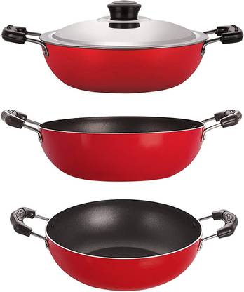NIRLON Kadhai 26 cm, 24 cm, 25 cm diameter with Lid 3.6 L, 2.1 L, 2.5 L capacity