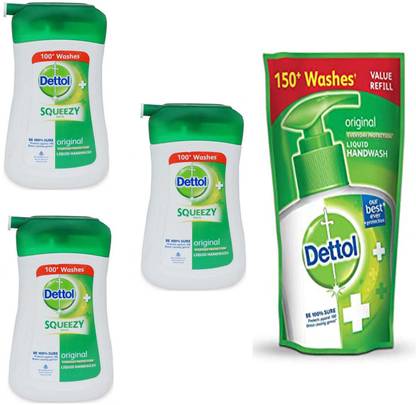 Dettol 3 SQUEEZY ORIGINAL 100 ML+1 REFILL 180 ML Hand Wash Pump + Refill
