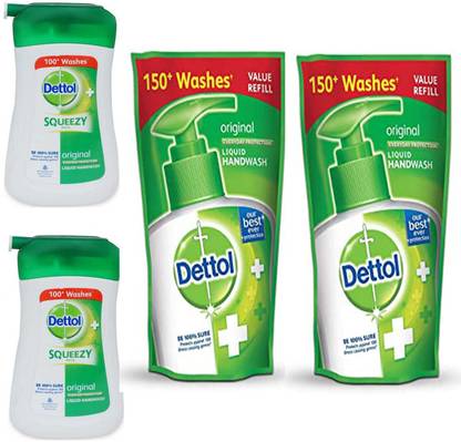 Dettol 2 SQUEEZY ORIGINAL 100 ML+2 REFILL 180 ML Hand Wash Pump + Refill