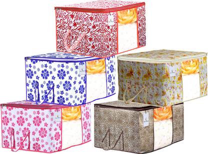 KUBER INDUSTRIES Designer Flower & Leaf Printed 5 Piece Non Woven Fabric Underbed Storage Bag,Cloth Organiser,Blanket Cover with Transparent Window, Pink & Blue & Ivory Red & Golden Brown & Red -CTKTC41128 BILLION041128