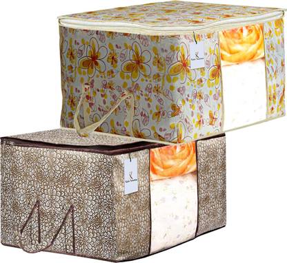 KUBER INDUSTRIES Designer Metalic Printed 2 Piece Non Woven Fabric Underbed Storage Bag,Cloth Organiser,Blanket Cover with Transparent Window, Ivory Red & Golden Brown -CTKTC41049 BLLION041669