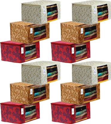 KUBER INDUSTRIES Designer garment cover Metalic Printed 12 Piece Non Woven Fabric Saree Cover Set with Transparent Window, Extra Large, Red & Beige & Brown -CTKTC40991 CTKTC040991
