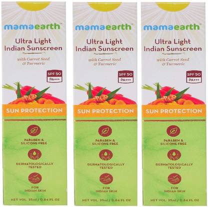 Mamaearth Sunscreen - SPF 50 PA+++ Ultra light indian sunscreen(25ml) - Pack of 3 for men and women skin