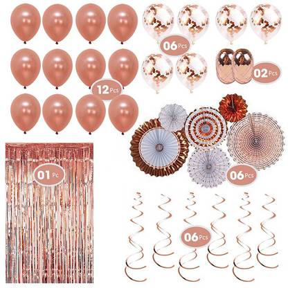 Party Propz Rose Gold 33pcs Rose Gold Party Decoration Set Include Foil Curtain, Swirls, Paper Fan,Latex & Confetie Balloon and Ribbon for Party Supplies/ Birthday Party / Anniversary Party / Bridal Shower