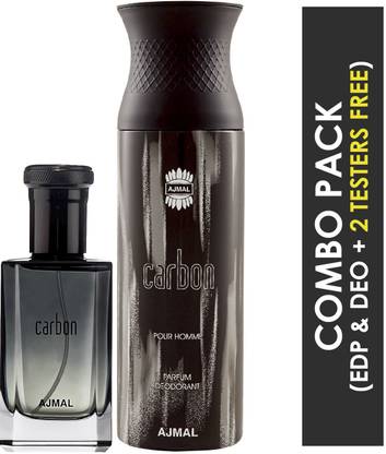 Ajmal Carbon EDP Citrus Spicy Perfume 100ml for Men and Carbon Homme Deodorant Citrus Spicy Fragrance 200ml for Men+ 2 Parfum Testers