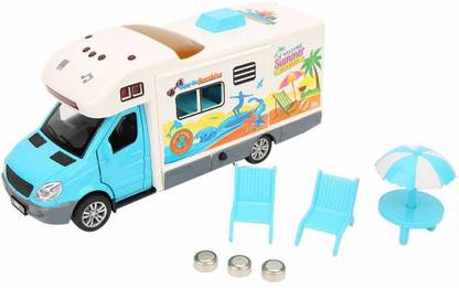 Toyji Classic Toy Caravan Happy Travel RV Model with Sound and Light Alloy Toy Vehicle Playsets for Boys and Girls