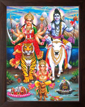 Artisan Cart Lord Shiva, Goddess Durga and Lord Ganesha, HD Printed Religious & Decor Painting with Plane Brown Frame, Digital Reprint 12 inch x 9 inch Painting