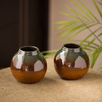 ExclusiveLane 'Amber & Teal' Studio Pottery Vases In Ceramic (Set of 2) Ceramic Vase
