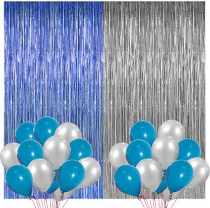 Prihit Blue FOIL Curtain and Silver FOIL Curtain with 25 PICS Latex Balloon Combo