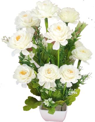 BK Mart White Marigold Artificial Flower  with Pot