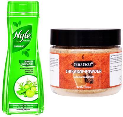 Sheer Secret Shikakai Powder (Acacia Concinna) 200gm and NYLE 400 ML DRYNESS HYDRATION SHAMPOO