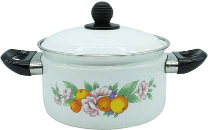 eKitchen Cook and Serve Carbon Steel Enamel Pot 2500ml - White Pot 19 cm diameter 2.5 L capacity with Lid