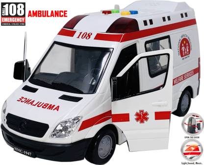 Miniature Mart BIG SIZE Friction Powered 108 Emergency Ambulance Openable Front & Back Tail Doors With Lights , Sound , Music Toy Car For Kids