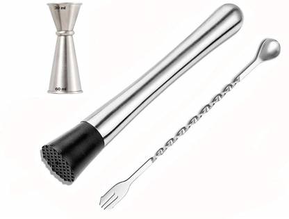 Rengvo Cocktail Muddler to debug Cocktails, Drinks, Juices, Double Side Mixed Spoon, Mojito Muddler Tool Set, Japanese Jigger30-60 ml:3 Pcs Set Bar Set