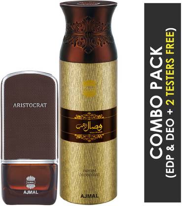 Ajmal Aristocrat EDP Citrus Woody Perfume 75ml for Men and Wisal Dhahab Deodorant Fruity Floral Fragrance 200ml for Men+ 2 Parfum Testers
