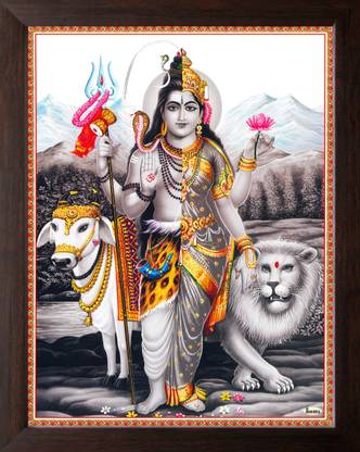 Artisan Cart Ardnaareswar Lord Shiva Black & White Painting, HD Printed Picture with Plane Wood Frame, Digital Reprint 12 inch x 9 inch Painting