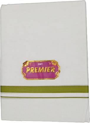 SMT New Premier Cotton Double (3.80 Meters) Cotton white Dhoti with Green Strip boarder for Men Men Dhoti