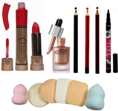 Lecherous Professional ICONIC london Illuminator (Original) waterproof with CQueen 2in1 lipstick (liquid & Stick) and 36h waterproof sketch eyeliner and waterproof lip liner 3 pc (Red,Black,Maroon) and 6in1 family pack makeup sponge with beauty blander inside