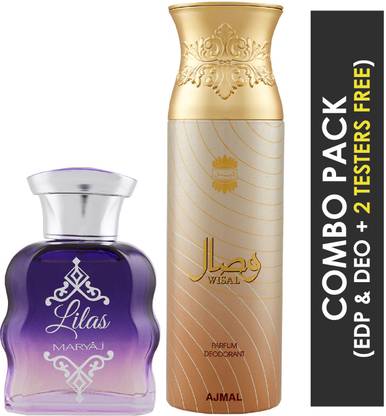 MARYAJ Lilas Eau De Parfum Citrus Floral Perfume 100ml for Women and Wisal Deodorant Floral Musky Fragrance 200ml for Women + 2 Parfum Testers