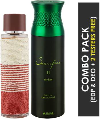 MARYAJ Deuce Homme Eau De Parfum Spicy Woody Perfume 100ml for Men and Sacrifice II for Him Deodorant Fruity Aromatic Fragrance 200ml for Men + 2 Parfum Testers