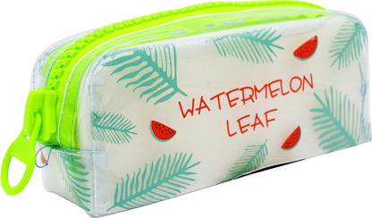 MINAAR Designer Multipurpose Transparent (Stationary) Pencil Pouch With Big Chain For Boys & Girls , Watermelon Leaf Print, Transparent Pouch Art Polyester Pencil Box