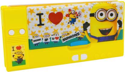 Quickk Minion Jumbo Pencil Box For Kids, Dual Side Magnetic , Multi Storage With Sharpener Art Plastic Pencil Box