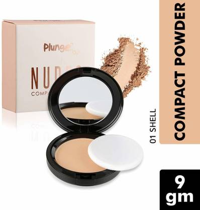 O3+ Plunge Nudes Compact Powder Makeup Foundation for Even Tone, Blemish and Imperfection Cover with Sponge and Mirror (01 SHELL) Compact