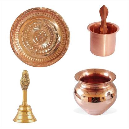 OgCombo Pooja Samagri of Puja Thali,Ganti,Panch patra,lota Indian Cultural Religious Item Best PACK OF 5 PS Copper