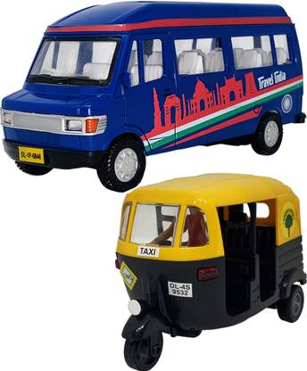 Miniature Mart Carbon Fiber Made Set of 2 Auto Rickshaw & Tempo Traveler Toys For Kids
