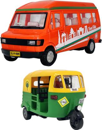 Miniature Mart Carbon Fiber Made Set of 2 Auto Rickshaw & Tempo Traveler Toys For Kids (2 Combo Offer)