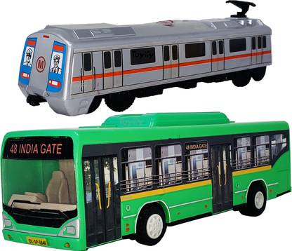 Miniature Mart Fiber Made Set Of 2 Indian City Volvo Bus & Metro Train Pull and Go Toys for Kids