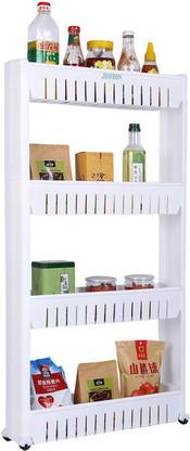 FLIPZON 4 Tier Slim Multipurpose Storage Rack - Space Saving Storage Organizer Rack Shelf with Wheels Plastic Kitchen Trolley