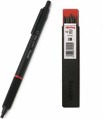 rotring Rapid Pro Mechanical Pencil Black With 2.0 mm 2B Leads (1 Tube Of 12 Leads), Mini Sharpener Embedded In The Feed Button Click Mechanism, Hexagonal Body, Swing Grip - 1904260 + 2.0mm 2B Lead Pencil