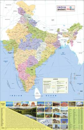 New India Wall Map with Distance Chart Fine Art Print