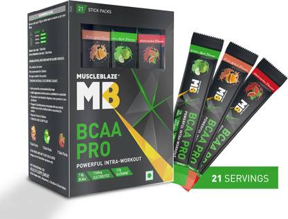 MUSCLEBLAZE BCAA Pro, 21 sachets/pack, Watermelon, Fruit Splash & Green Apple, 21 Servings BCAA