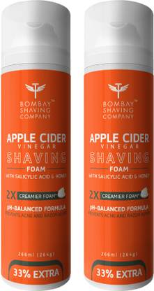 BOMBAY SHAVING COMPANY Apple Cider Vinegar Shaving Foam with Apple Cider Vinegar, Salicylic Acid, Honey and 2X Creamier Formulae for Superior Glide and Protection 266 ml (33% Extra) Pack Of 2