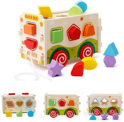 Magicwand Colorful Wooden Shape Sorter Toy Bus with String & 13 Pcs Geometric Shapes (100% Safe & Non-Toxic)