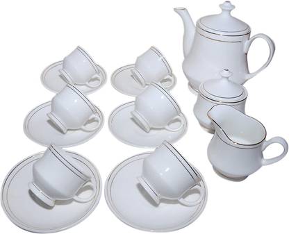 Turtle King Pack of 15 Bone China Bone China Bone China Tea Set/Cup & Saucer/Tea Kettle Pot Gold Line (Set of 15pcs) (White) 0
