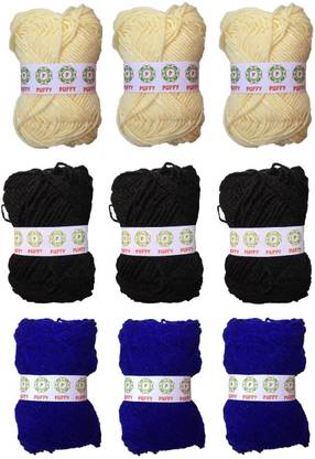 puffy Hand Knitting Art Craft Soft Fingering Crochet Hook Yarn, Needle Knitting Thread For Wool Ball Hand Knitting Art Craft Soft Fingering Yarn, Needle Knitting Thread Dyed Black Ink Blue And Cream Color (Pack Of 9)