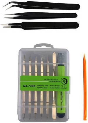 wroughton 12 in 1 Screwdriver Mobile, Laptop and Gadgets Repairing Tools Set With 1 Plastic Spudger Stick Pry Opening Toolkit for Mobile Repairing and Set of 3 ESD Non Magnetic Tweezers- Straight, Fla