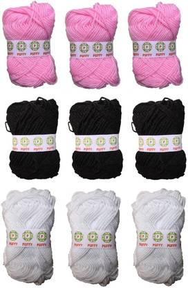 puffy Hand Knitting Art Craft Soft Fingering Crochet Hook Yarn, Knitting Thread For Wool Ball Hand Knitting Art Craft Soft Fingering Yarn, Knitting Thread Dyed Black White And Light Pink Color (Pack Of 9)