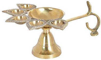 Fellix Panch Deepak Aarti Oil Lamp for Pooja Mandir, Handmade Decorative Camphor Burner, Designer Hindu Puja Five Face Jyot Diya Stand. Brass Table Diya Brass Table Diya