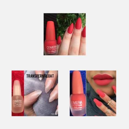 Cemera Ice Matte Nail Polish | Red, Peach, Transparent | Pack of 3 , 7ML * 3 Multi