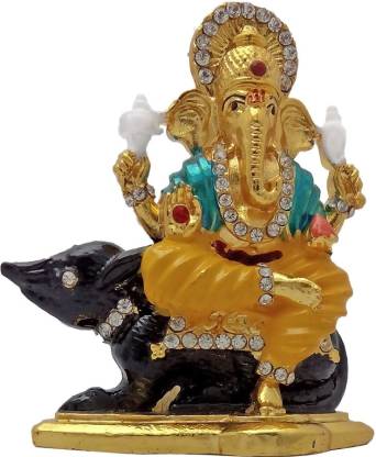 Relicon Lord Ganesh Idol | Ganesha Sitting on Mouse | Ganpati Vinayaka (Design-128) Color Metal Statue for Car Dashboard | Mandir Pooja Murti | Temple Puja | Home Decor | Office Table Showpiece (L*B*H-6.5 x 1.7 x 8 Cm) Decorative Showpiece  -  8 cm