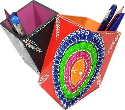 KrafterrA 2 Compartments Wood, Paper Mache Pen Stand, Pen Holder