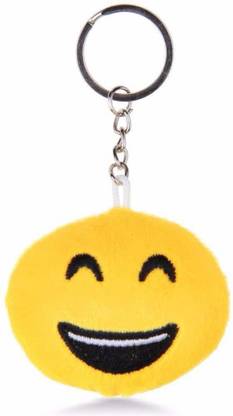 WHITE POPCORN Round Emoji Face Plush Soft Cushion Fluffy Smiley Keyring and Keychain (Pack of 3 Key Chain