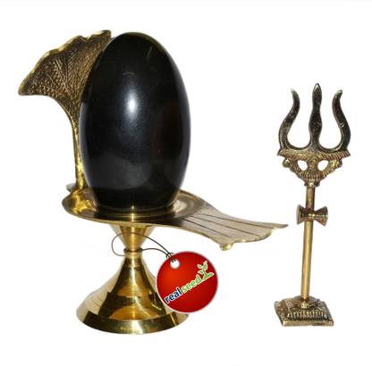 Real Seed Natural Narmedaswar Shivling from River Narmada with Heavy Brass Jilhari and Brass Trishul Decorative Showpiece  -  17 cm